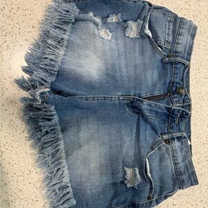 Frayed Hem Distressed Denim Shorts - Blue